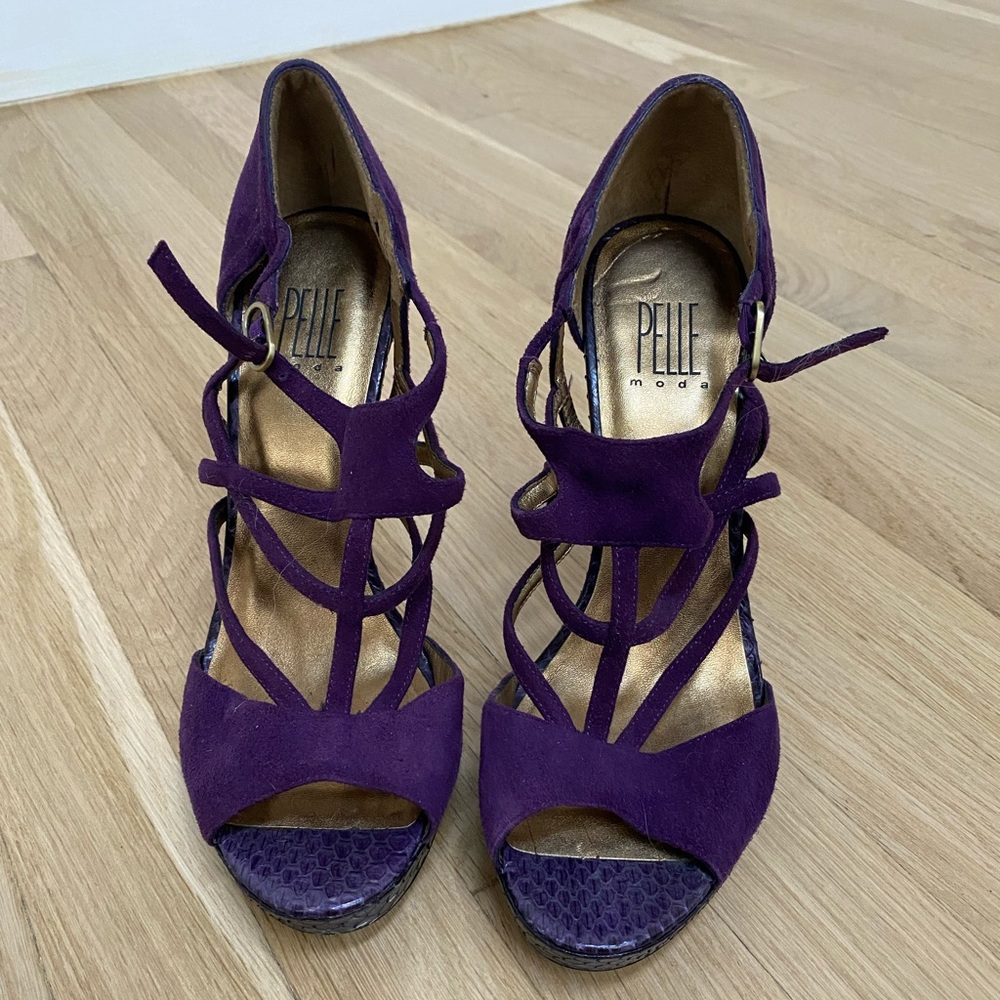 Purple suede high heeled sandals
